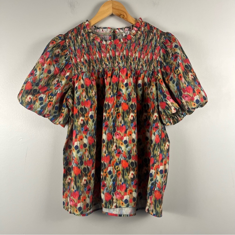 TCEC GREEN FLORAL SMOCK TOP puff sleeve cotton size medium - Picture 2 of 7
